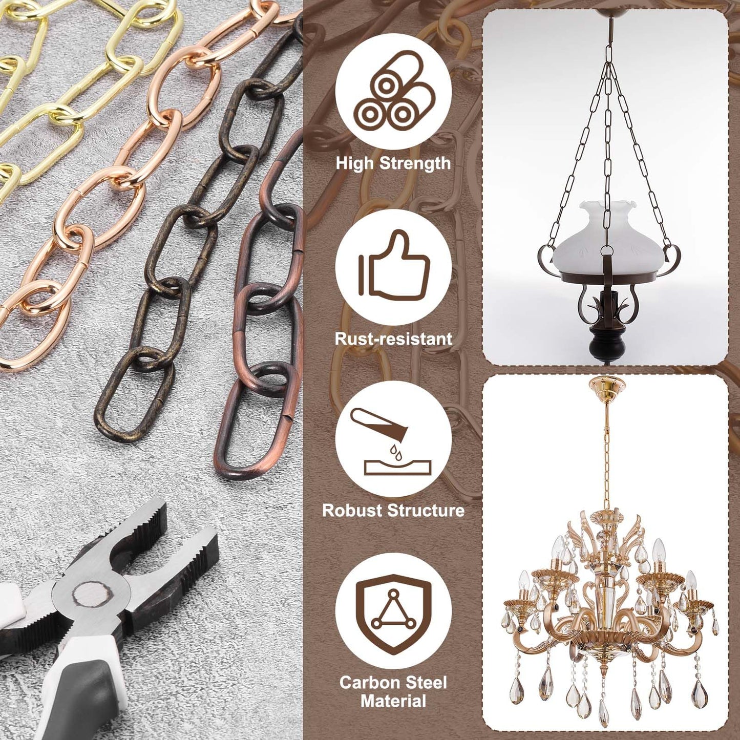 uxcell 6ft Lighting Hanging Chain, 3mm/0.12" Looping Metal Pendant Chandelier Chain Extension with 2 Quick Link Lock for Hanging Plant Pendant Chandelier Light Fixture, Gold Yellow