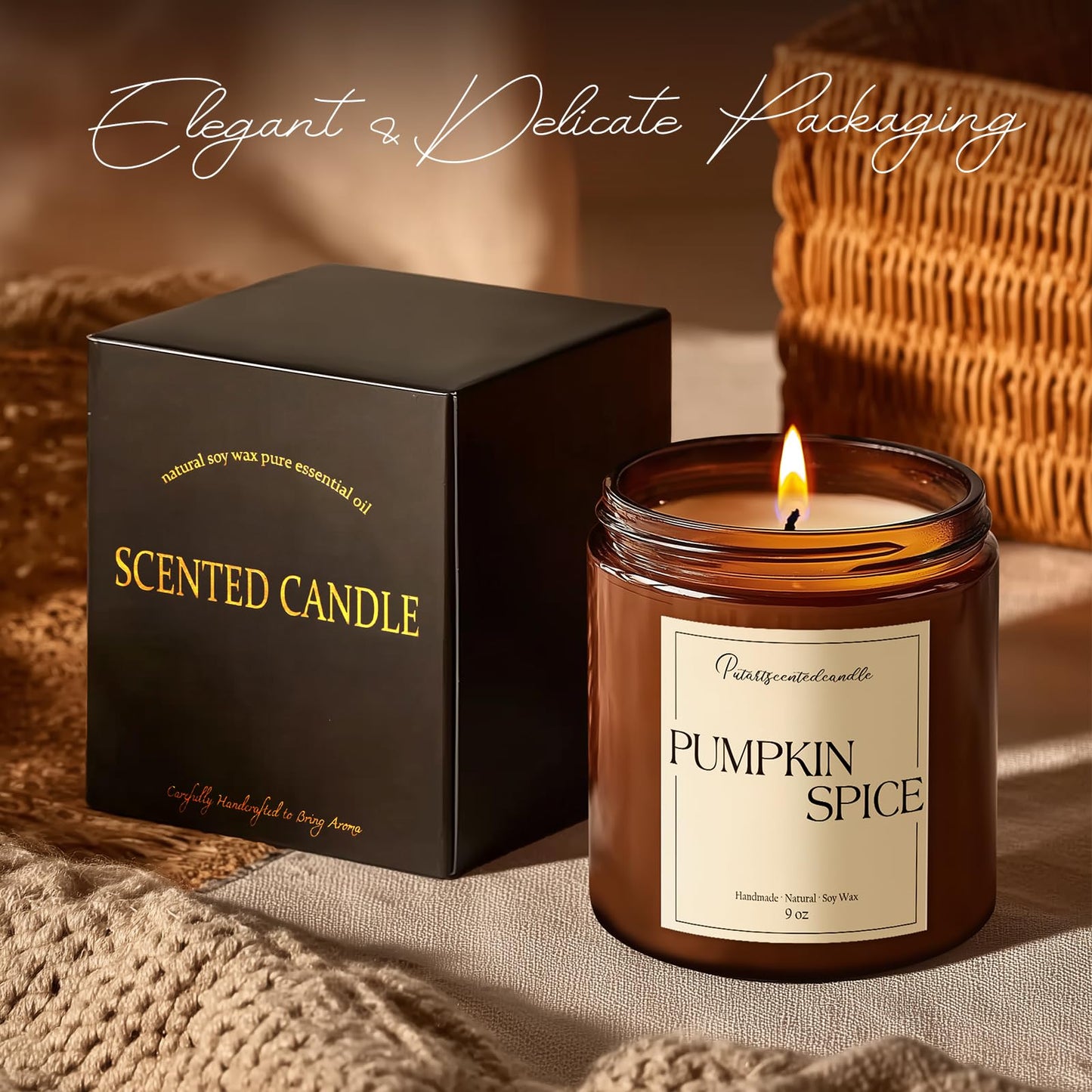 Putart Pumpkin Spice Scented Candles for Home, Natural Soy Wax Aromatherapy Non Toxic Pumpkin Fall Candle Gifts for Women Men, Autumn Amber Glass Jar Candle Decoration for Halloween Holidays (9oz