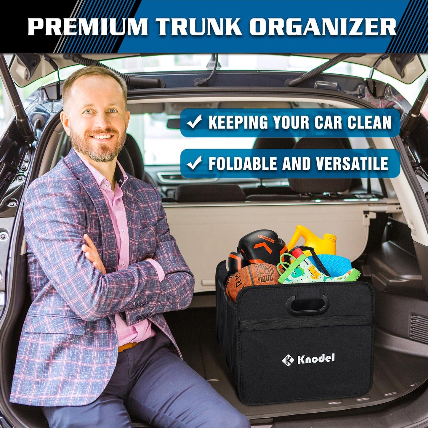 K KNODEL Car Trunk Organizer, Foldable Organizer for Car, Automotive Consoles & Organizers, Storage with Reinforced Handles (Medium, Black)