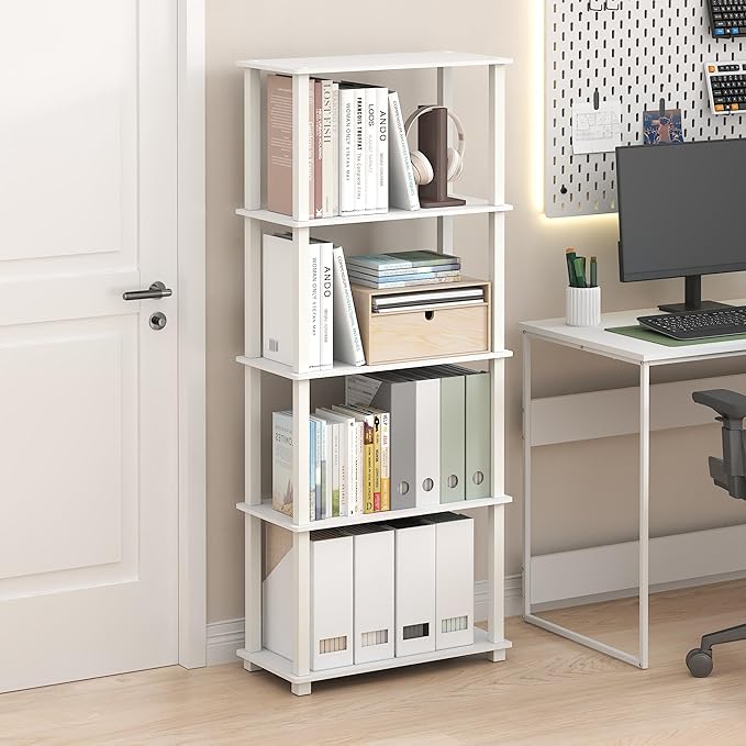 Furinno Turn-S-Tube Book Shelf, 5-Tier Toolless Storage Shelves with Square Tubes, Shelving Unit for Organization and Storage for Living Room, Home Office, White
