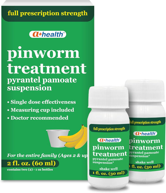 A+Health Pinworm Treatment Pyrantel Pamoate Oral Suspension, Family Pack, for Adults and Kids 2+, Banana Flavor, 2 Fl Ounces