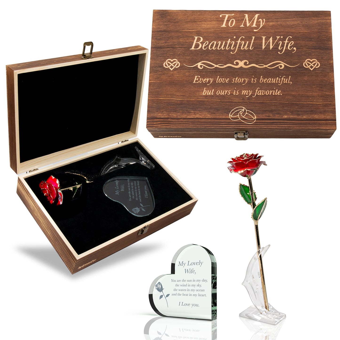 GreenCor Anniversary for Wife Engraved Wooden Gift Set 'To My Beautiful Wife' Includes Crystal Engraved Heart 24K Gold Dipped Rose for Birthday Gifts