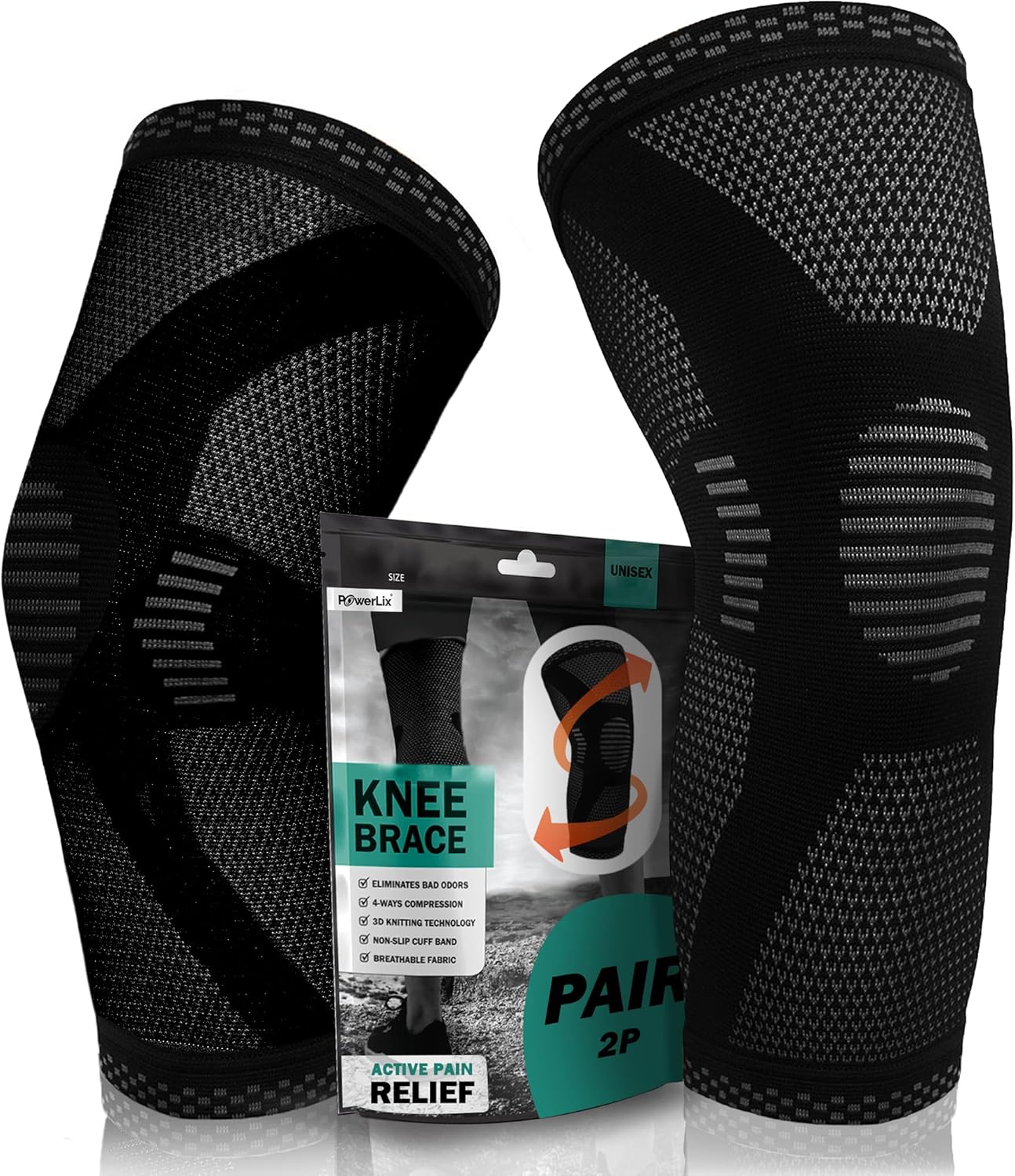 POWERLIX Knee Compression Sleeve (Pair) - Best Knee Brace for Knee Pain for Men & Women – Knee Support for Running, Basketball, Volleyball, Weightlifting, Gym, Workout, Sports - (Black M)