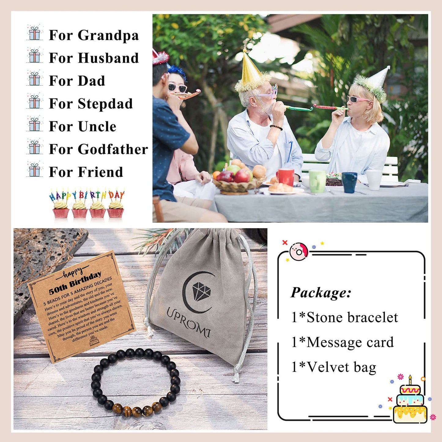 UPROMI 50th Birthday Gifts Decorations for Him Men, Happy 1975 Birthday Gifts for 50 Year Old Man Male Bracelet Ideas