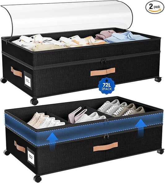 Under Bed Storage with Wheels, 72L XXL Under the Bed Storage Containers Large, 10ââ Tall Adjustable Storage for Underbed with Lids, Rolling for Shoes, Clothes, Blankets, Black