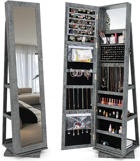 CHARMAID 360Â° Swivel Jewelry Armoire with Full Length Mirror, Standing Lockable Jewelry Cabinet Organizer, Large Storage Capacity, Inside Makeup Mirror, Back Storage Shelves (Stone Gray)