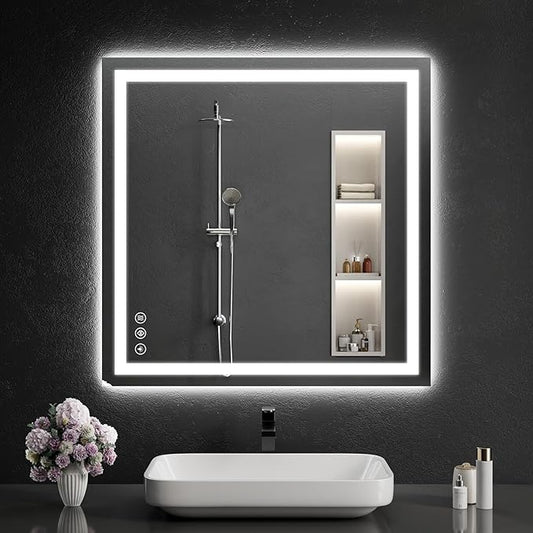 LED Bathroom Mirrors 32"x32" Bathroom Mirror with Lights for Wall, Backlit + Front Lit, 3 Colors, Anti-Fog, Dimmable Brightness for Vanity,Bathroom, Entryway, Living Room
