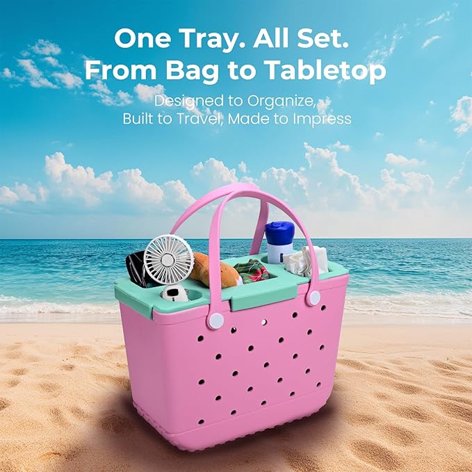 Topper Tray for Bogg Bag Large – Waterproof EVA Table Top Organizer Lid with Cup Holder, Snack, Phone & Drink Holders for Beach, Pool, Picnic, Travel (Green)