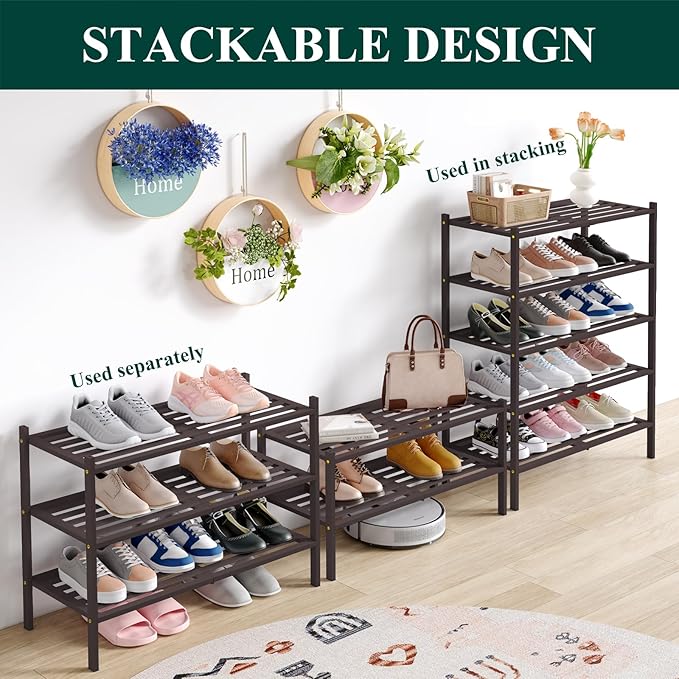Smiry Bamboo Shoe Rack 2-Tier, Stackable Wooden Shoe Organizer for Entryway & Closet, Free Standing Wood Shoe Storage Shelf for Front Door & Small Spaces, Brown