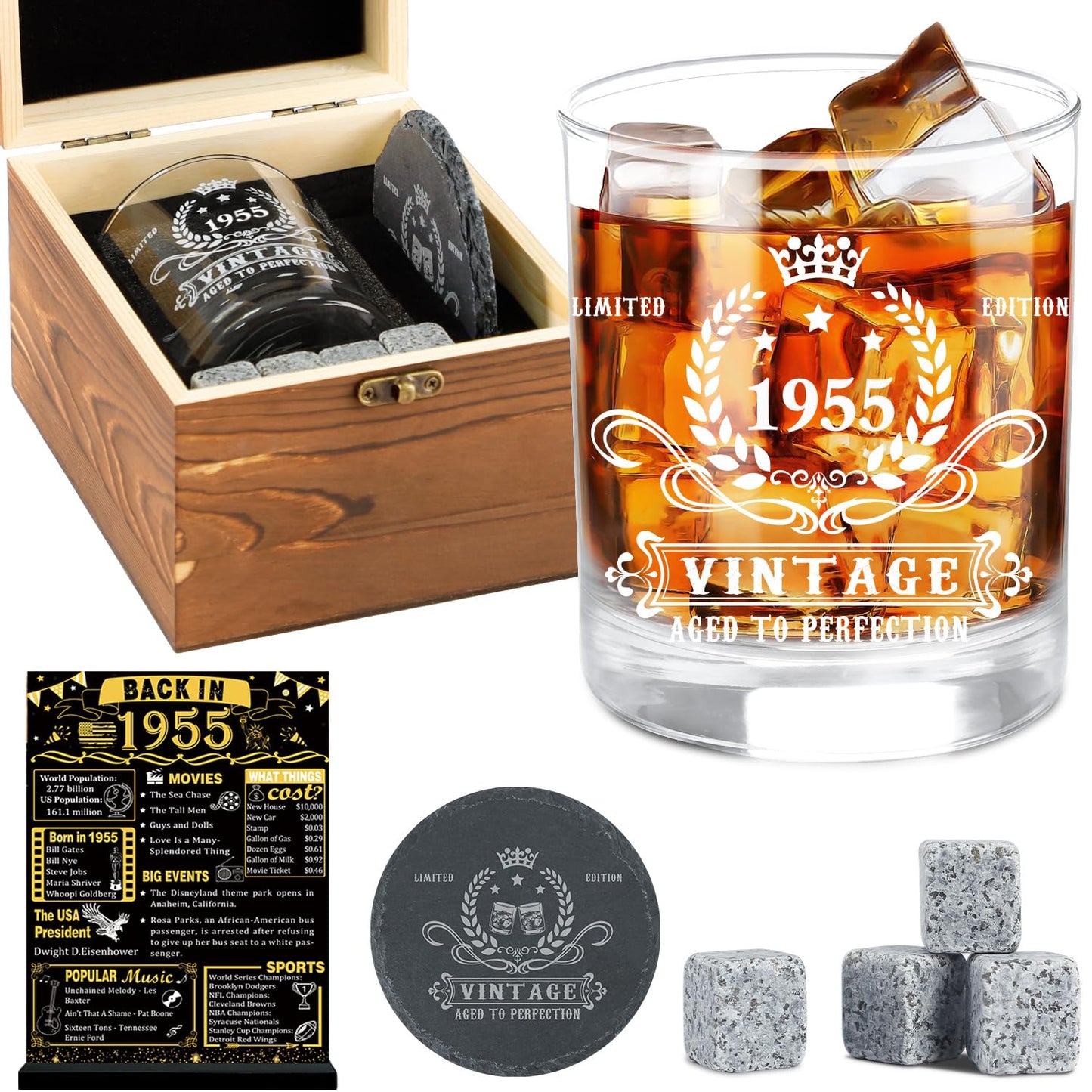 YeohJoy 70th Birthday Gifts for Men,Vintage 1955 Whiskey Glass Set,Wood Box & Whiskey Stones & 1955 Poster Anniversary Card & Coaster,Birthday Gifts Ideas for Him,Husband,Dad