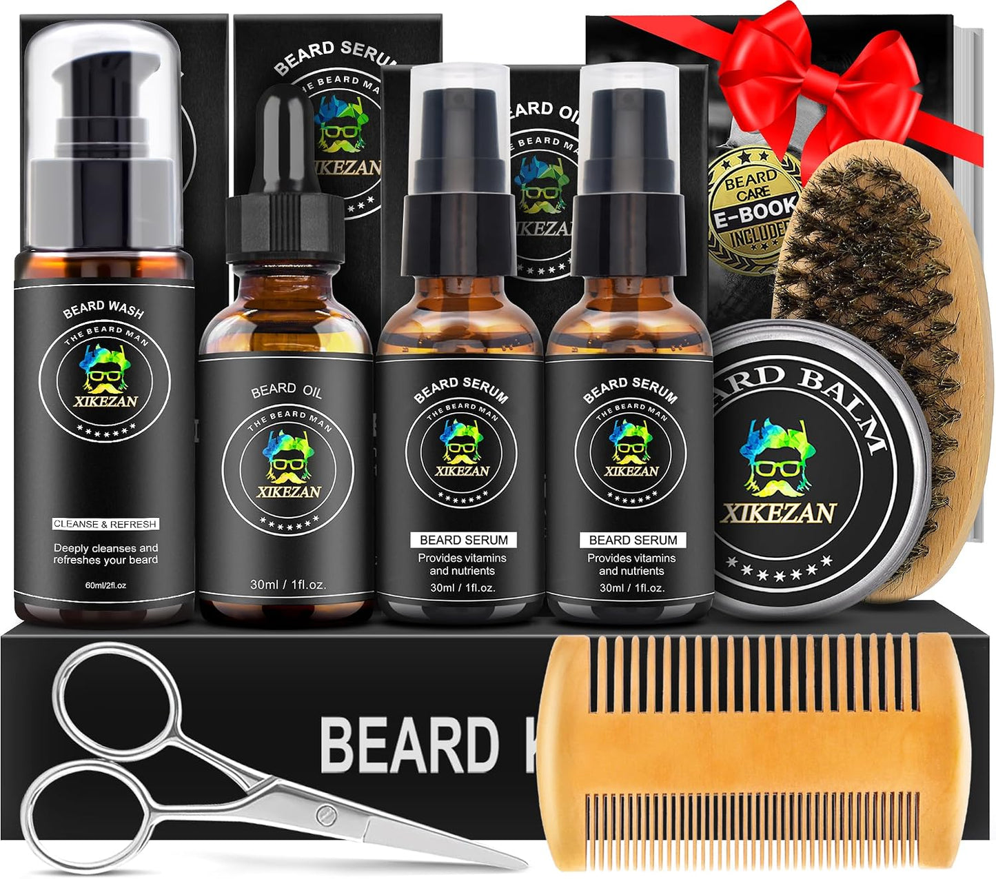 XIKEZAN Beard Kit for Men Grooming & Care Set w/2 Pack Beard Serum, Wash, Oil, Balm, Comb, Brush, Scissor, Bag, EBook, Unique Birthday Gifts for Men Him Dad Husband Brother Christmas Stocking Stuffers