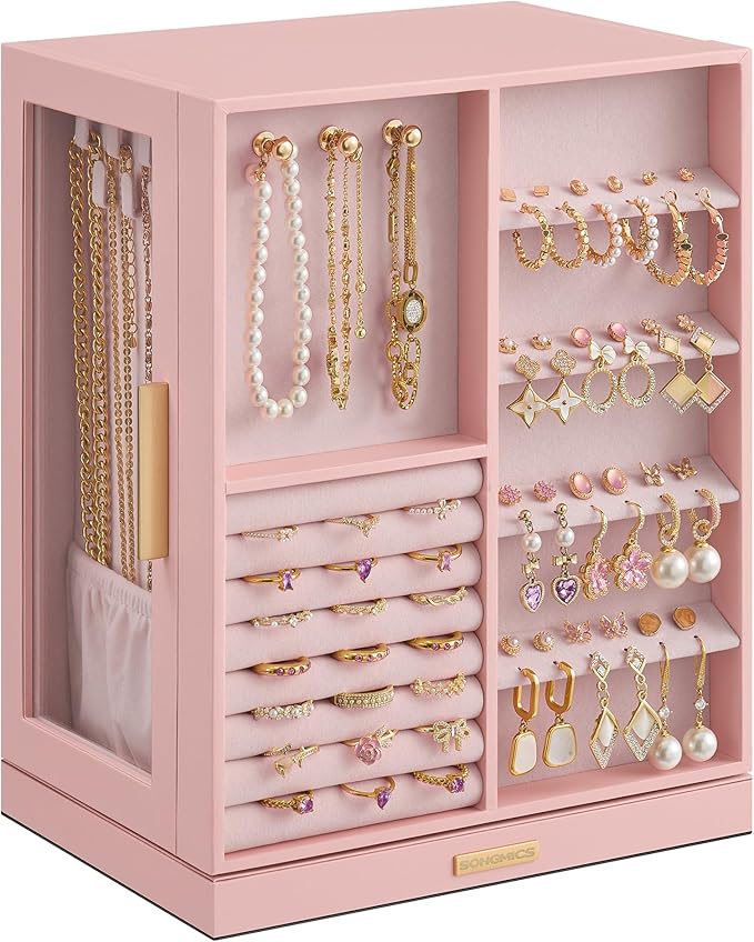 SONGMICS Jewelry Box 360Â° Rotating, Jewelry Storage Case with 5 Drawers, Jewelry Organizer, Glass Window, Spacious, Vertical Jewelry Storage, Open Design, Great Gift, Jelly Pink UJBC170R01