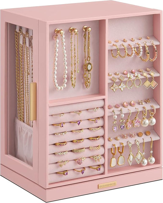 SONGMICS Jewelry Box 360Â° Rotating, Jewelry Storage Case with 5 Drawers, Jewelry Organizer, Glass Window, Spacious, Vertical Jewelry Storage, Open Design, Great Gift, Jelly Pink UJBC170R01