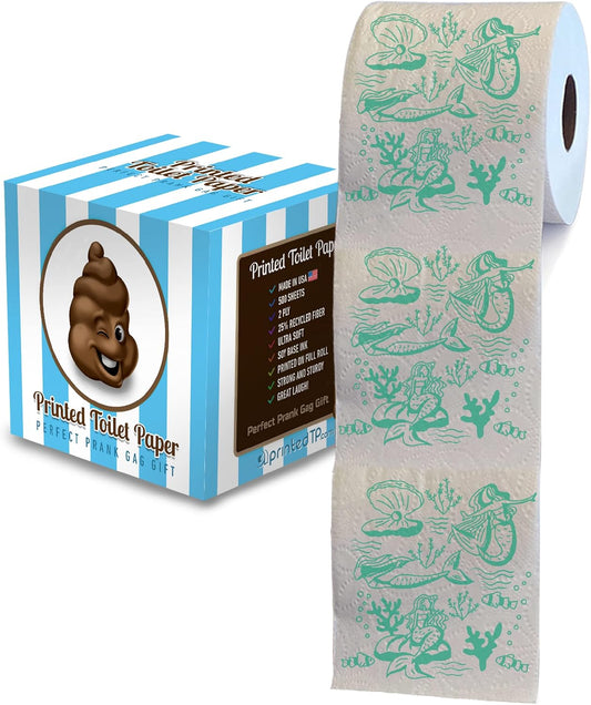 Printed TP Mermaid Pattern 2 Ply Toilet Paper Bathroom Tissue - Novelty Green Bath Tissue Roll - Funny Toilet Paper for Home Decor, Potty Gag Gifts, Prank and Hilarious White Elephant - 500 Sheets