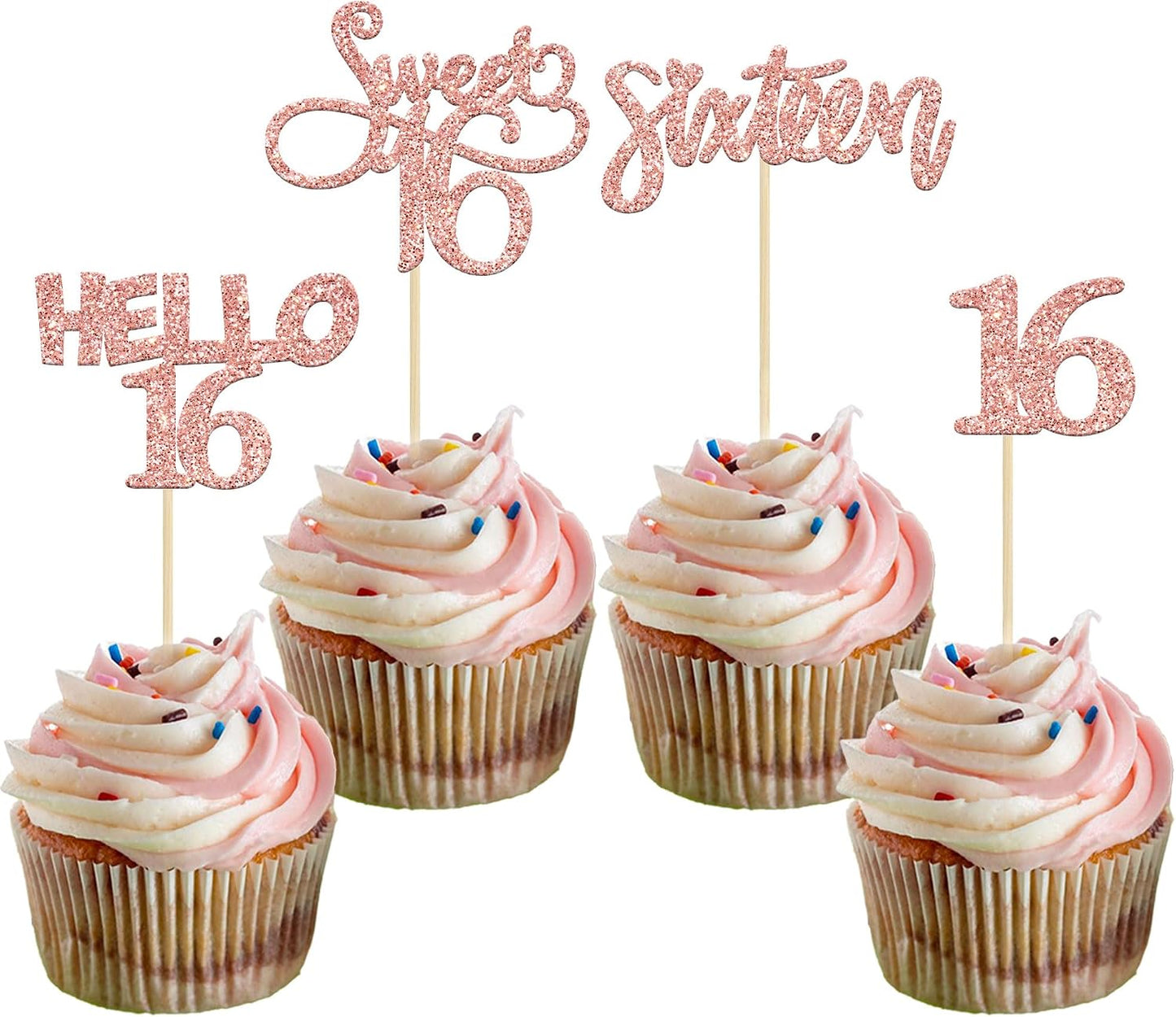 Gyufise 24 Pack 16th Birthday Cupcake Toppers Sweet 16 Cake Toppers Hello 16 Sixteen Cupcake Picks for 16th Birthday Cake Decorations Supplies Rose Gold