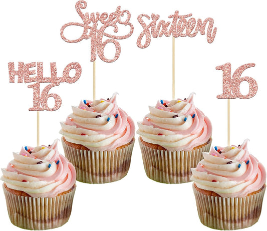 Gyufise 24 Pack 16th Birthday Cupcake Toppers Sweet 16 Cake Toppers Hello 16 Sixteen Cupcake Picks for 16th Birthday Cake Decorations Supplies Rose Gold