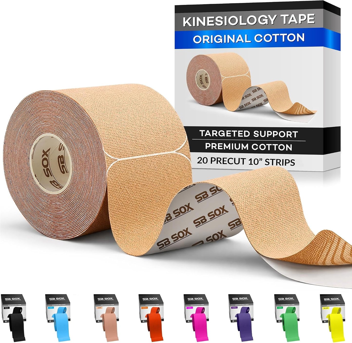 SB SOX Original Cotton Kinesiology Tape Roll – Best Latex Free Athletic Tape for Muscles/Joints – Waterproof, Stretchy, and Gentle on Skin (16ft)