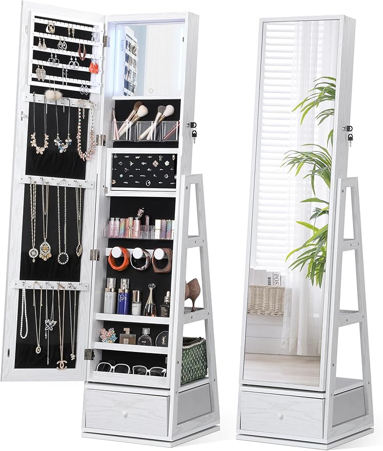 Nicetree 360Â° Swivel Jewelry Cabinet with Lights, Touch Screen Vanity Mirror, Rotatable Full Length Mirror with Jewelry Storage, Standing Jewelry Armoire Organizer, Foldable Makeup Shelf, White