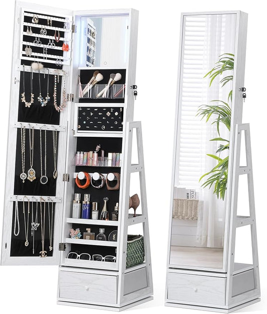 Nicetree 360Â° Swivel Jewelry Cabinet with Lights, Touch Screen Vanity Mirror, Rotatable Full Length Mirror with Jewelry Storage, Standing Jewelry Armoire Organizer, Foldable Makeup Shelf, White