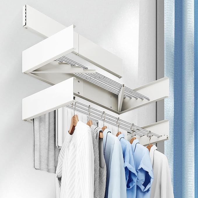 Clothes Drying Rack Wall Mounted 32â,Drying Rack Clothing Wall Mount,Laundry Drying Rack,Wall Mounted Clothes Hanging Rack (White)