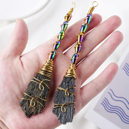 Runyangshi Natural Black Tourmaline Stone Handmade Magic Broom Raw Black Tourmaline Healing Crystal Feather Shape Crystal Craft Cleaning Reiki Energy Collect Home Decor