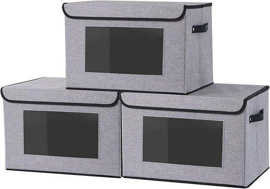 Storage Bins with Lids, Decorative Storage Boxes with Handles, 15 x 9.8 x 9.8 Inch Closet Organizers for Shelves Bedroom Office, Gray, 3-Pack