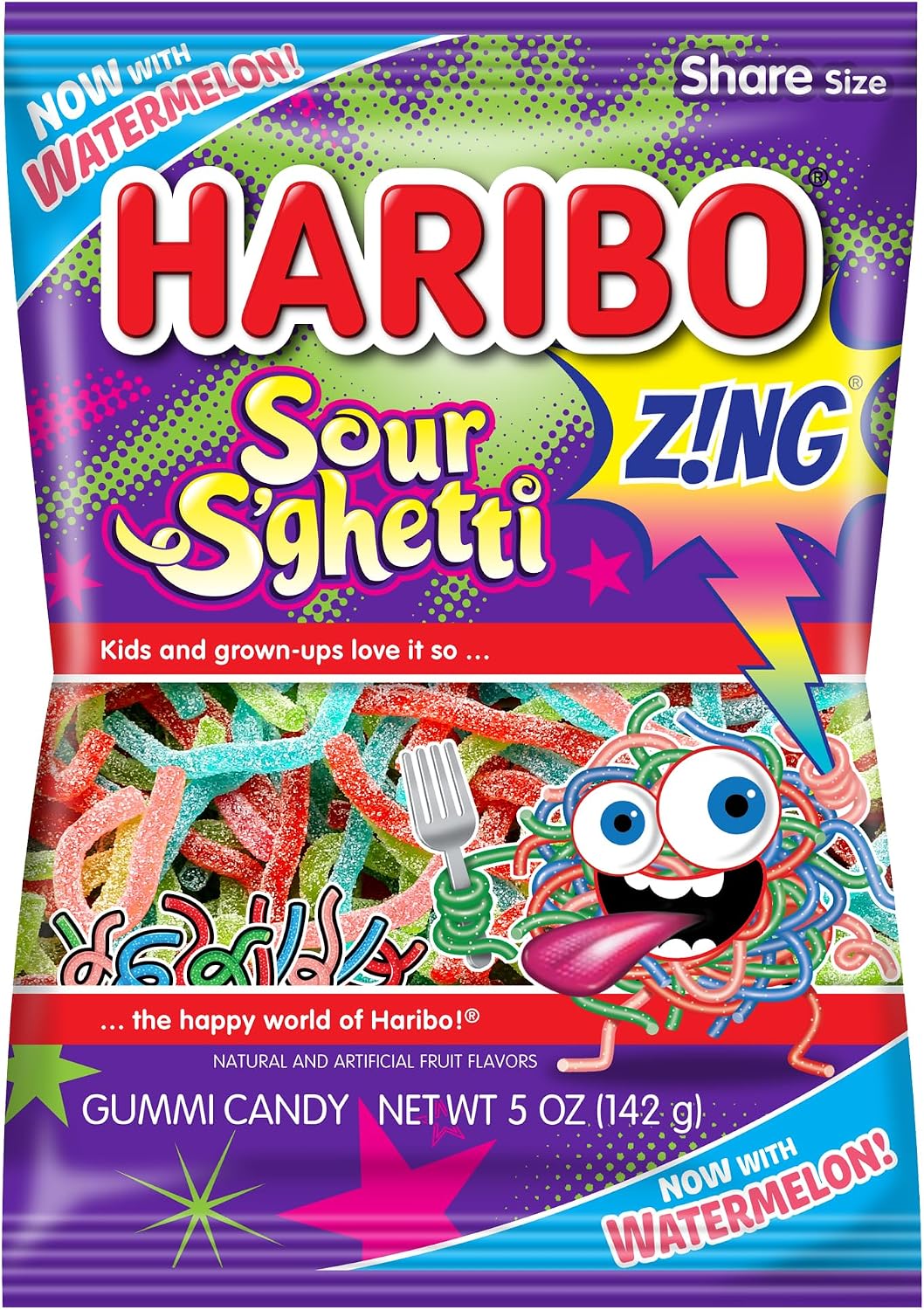 HARIBO Gummi Candy, Z!NG Sour S’ghetti, Sour Gummy Candy, 5 Ounce Bag (Pack of 12) Delicious Soft & Chewy Snacks, Assorted Fruity Flavors