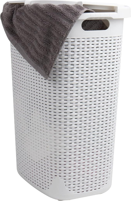 Mind Reader Slim Laundry Hamper with Lid, 60L Clothes Basket, Premium Wicker Design, Plastic, White