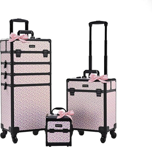 BYOOTIQUE Rolling Makeup Train Case on Wheels 3-Piece Hairdressing Brush Bags Cosmetology Art Deco Tyrian