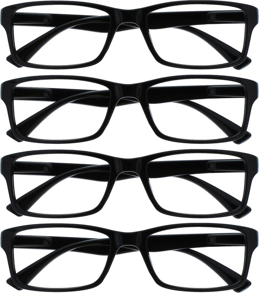 OPULIZE PEP Classic Reading Glasses for Women Men, Scratch Resistant Rectangular Frame with Spring Hinges, Black +2.5 (Pack of 4)