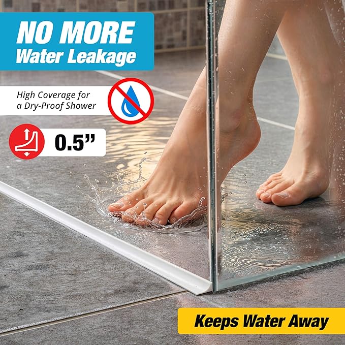Shower Threshold Water Dam Barrier 67" - White Collapsible Walk in Shower Water Guard - Door Bottom Seal Strip Leak Guard by Hippo Dam