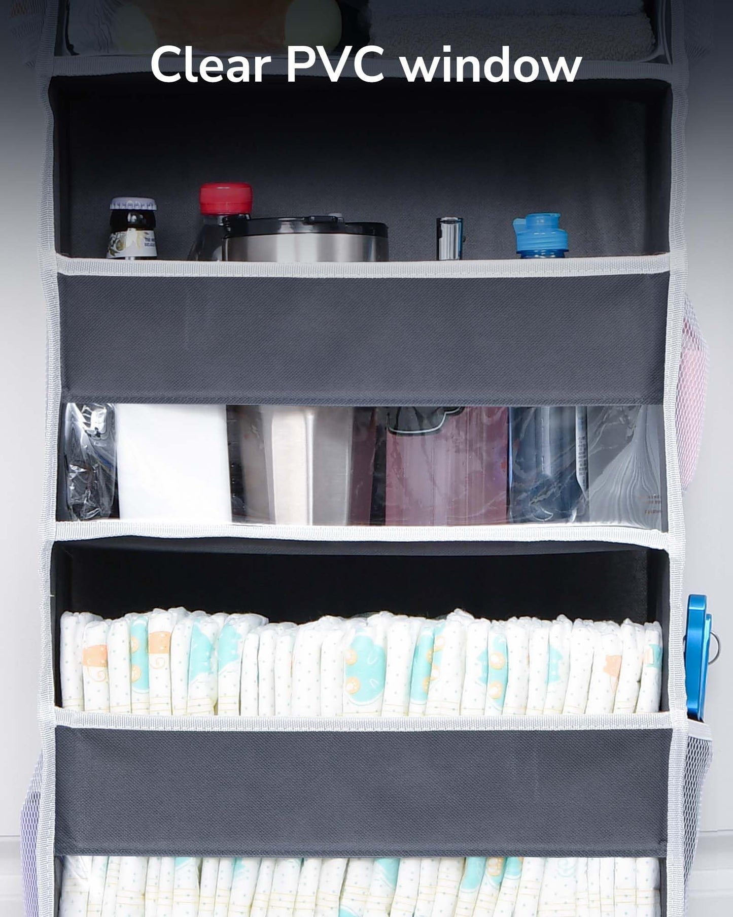 ULG 1 Pack Over Door Organizer with 5 Large and 10 Mesh Side Pockets, 44 lbs Weight Capacity Hanging Storage with Clear Window Kids Toys, Shoes, Diapers, Dark Grey, 5 Layers