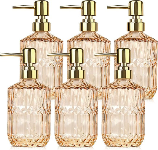 6 Pack Glass Soap Dispenser with Pump 15.2 oz Refillable Liquid Hand Soap Dish Soap Dispensers Vintage Soap Dispenser Liquid Bottle for Kitchen Sink Bathroom Counter(Gold,Gold Pump Head)