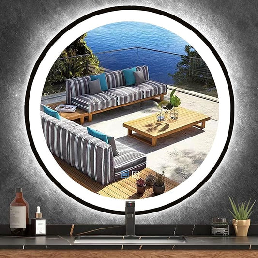 24 Inch Black Frame Round Lighted Mirror for Bathroom Salon Wall Black Round LED Vanity Mirror with Lights 3 Color Adjustable Brightness AntiFog 24" BlackFramed Circle Smart Light up Mirrors