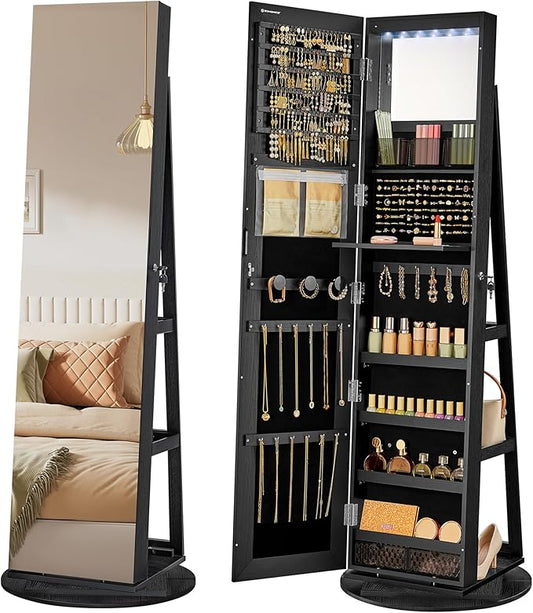 SONGMICS 6 LEDs Lockable Mirror Jewelry Cabinet, 360Â° Swivel Jewelry Organizer Armoire Standing, Frameless Full-Length Mirror, 3 Storage Shelves, Black Surface, Black Lining UJJC007B01