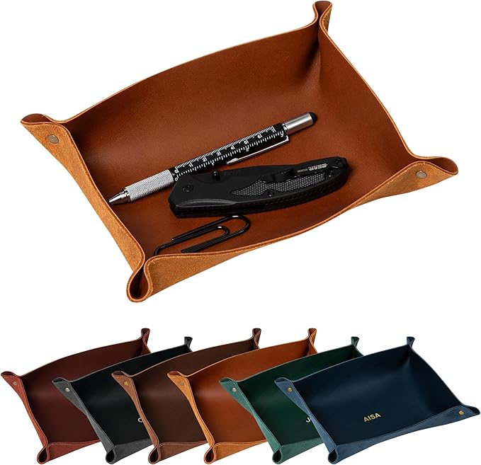 Northwind Personalized Leather Valet Tray â Custom Engraved Full Grain Leather Catchall Tray for Men, Handmade in USA Desk Organizer & Groomsmen Gift, Perfect Storage for Nightstand, Dresser