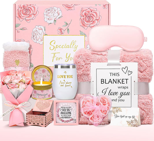 Mothers Day Gifts for Mom Wife Grandma Friends Sister, Birthday Gifts for Women, Self Care Get Well Soon Gifts, Spa Gift Baskets Set Thinking of You Care Package with Flannel Blanket Gift Box