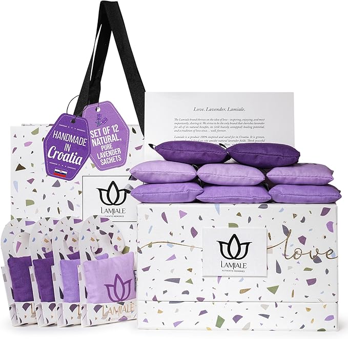 Lamiale Croatian Lavender Scented Sachets for Drawers and Closets â 12 Handmade Sachets, Natural Air Freshener, Moth Repellent, Thoughtful Gift for Her, Valentine's Day, Housewarming, Mother's Day