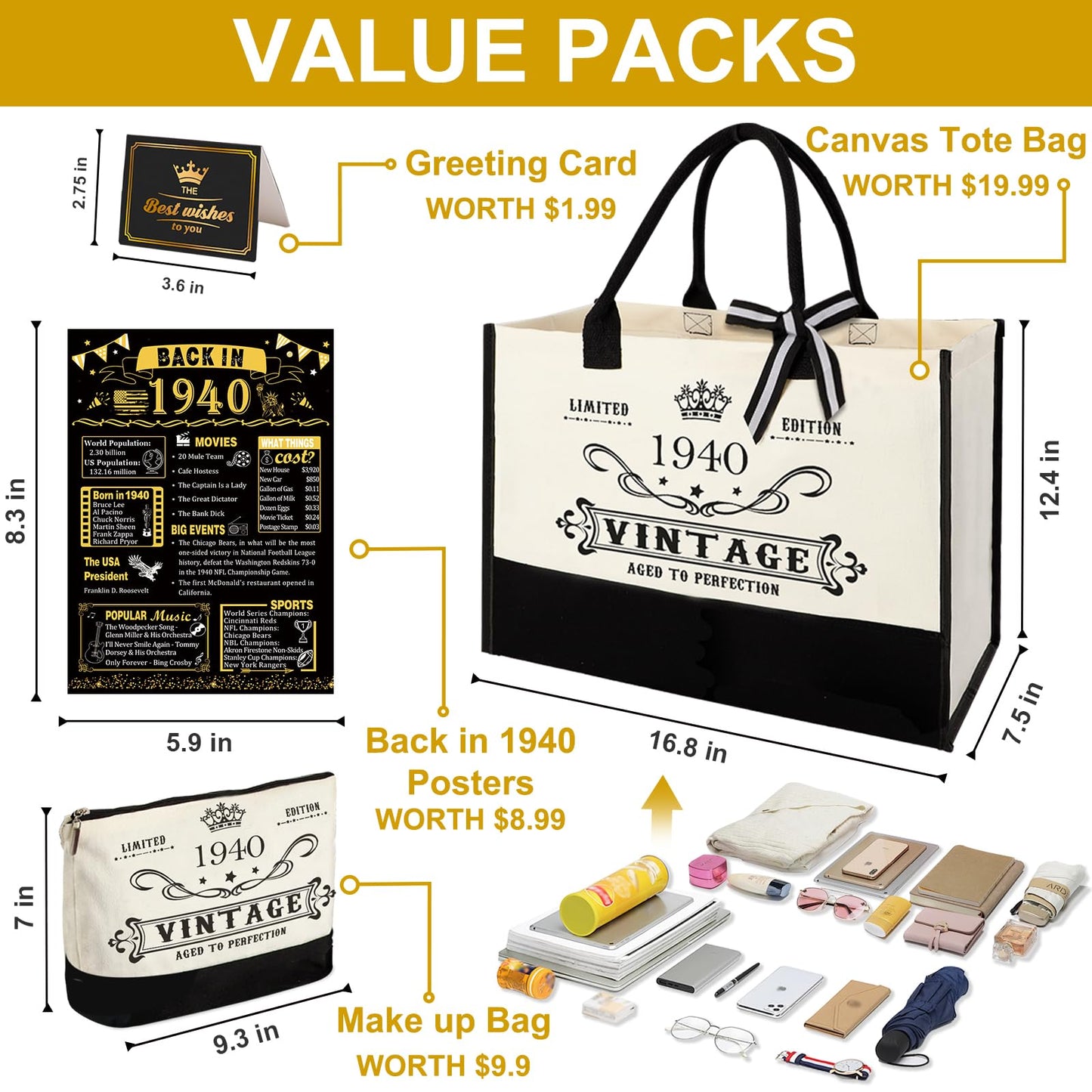 85th Birthday Gifts for Women Canvas Tote Bag Travel Gear, Unique 85 Years Old Birthday Gifts for Mom Wife Aunt Friends Her, Vintage 1940 Handbag & Cosmetic Bag & Back in 1940 Poster