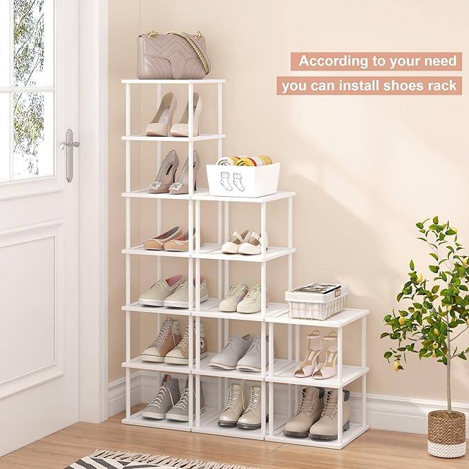 Vertical Tall Shoe Rack Organizer for Entryway -7 Tier Free Standing Slim Narrow Bamboo Wood Corner Stackable Shoe Boots Storage Stand Small Spaces for Closet Garage Cloakroom Living Room (White)