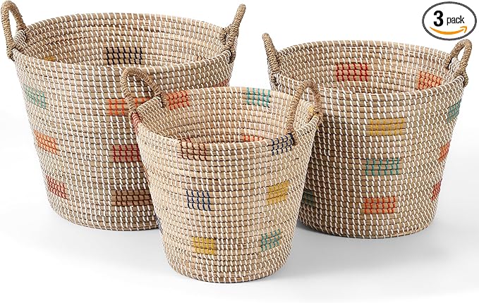 3 Pack Seagrass Storage Baskets for Organizing, Large Storage Bin with Handles, Woven Blanket Basket, Living Room Bedroom Laundry Room Home Decor for Toys Clothes Shoes Plant