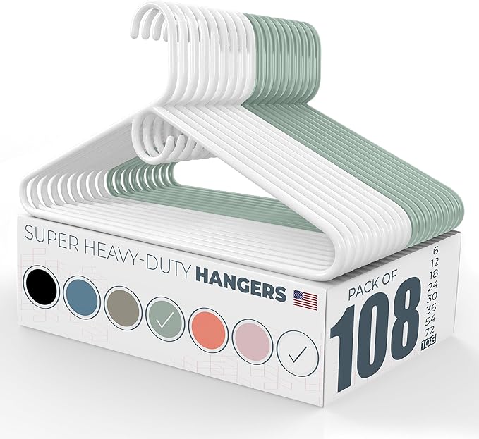 Neaties Super Heavy Duty Clothes Hangers 100 Pack (108 Count) â Made in The USA - 10lb Capacity, Thick Plastic Hangers for Pants, Coats, Jackets, Jeans and Adult Clothing â White & Mint