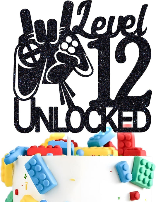 Tivurcia Level 12 Unlocked Cake Topper, Video Game Boys 12th Birthday Cake Decorations, Bruh I'm Twelve, Level Up Winner Birthday Party Decoration Supplies, Black Glitter