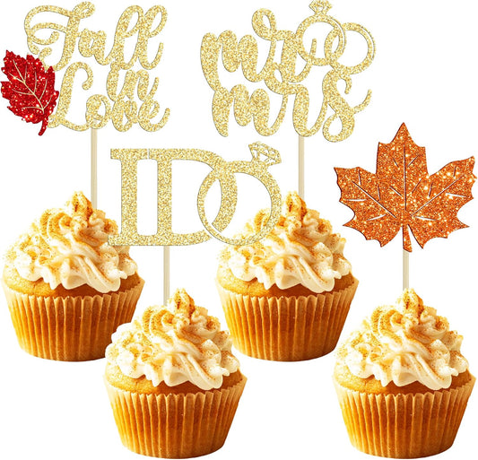 Gyufise 24Pcs Fall in Love Cupcake Toppers Glitter Maple Leaf Cupcake Picks Mr Mrs Diamond I Do Cupcake Decorations for Autumn Wedding Engagement Bridal Shower Theme Party Cake Decorations Supplies