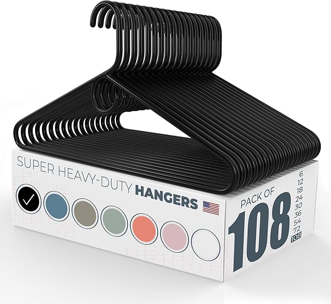 Neaties Super Heavy Duty Clothes Hangers 100 Pack (108 Count) â Made in The USA - 10lb Capacity, Thick Plastic Hangers for Pants, Coats, Jackets, Jeans and Adult Clothing â Black