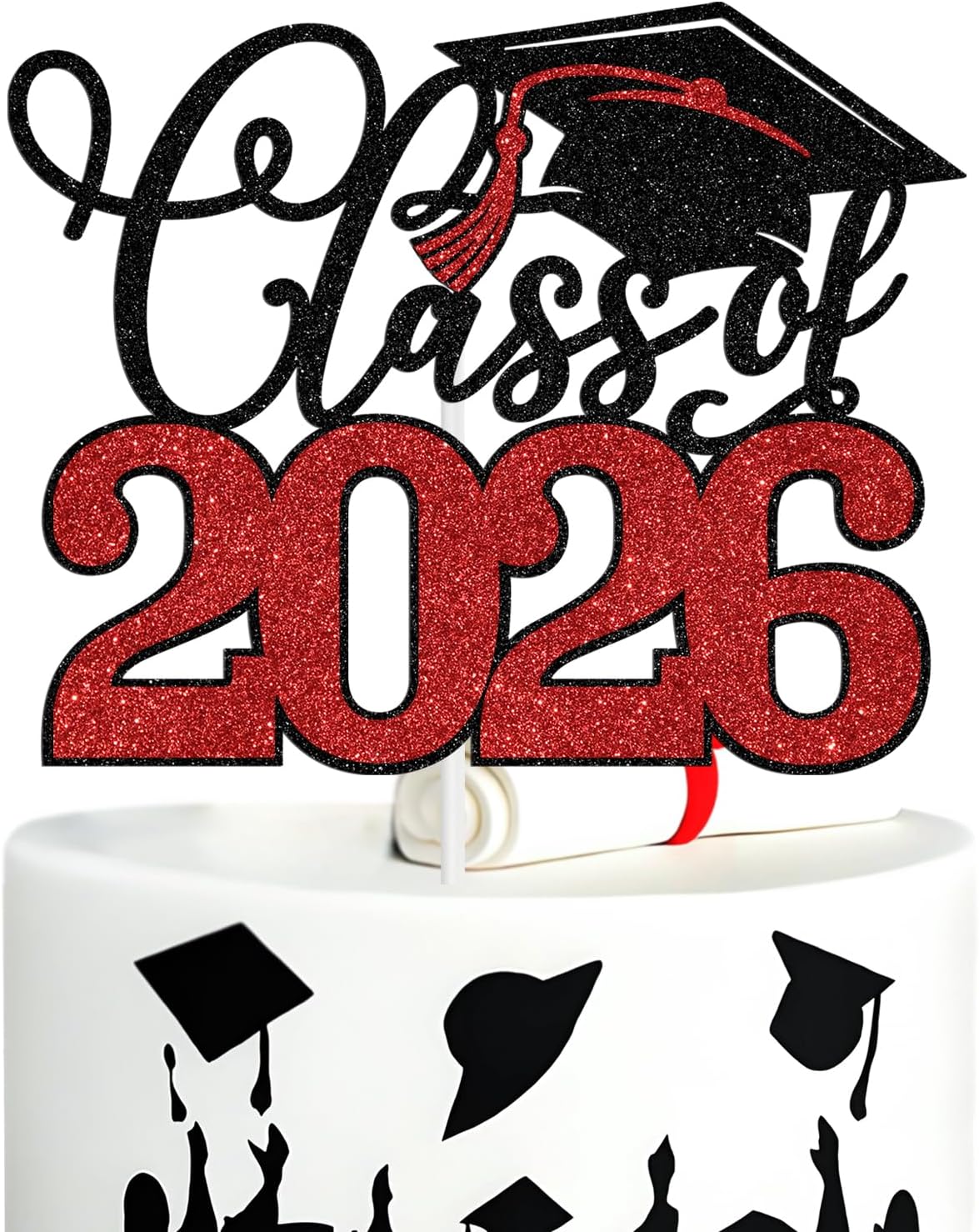 Class of 2026 Cake Toppers, Congrats Grad, So Proud of You, High School College Bacherlor Master Doctor Senior Graduate Gradaution Party Decoration Supplies, Black and Red Glitter