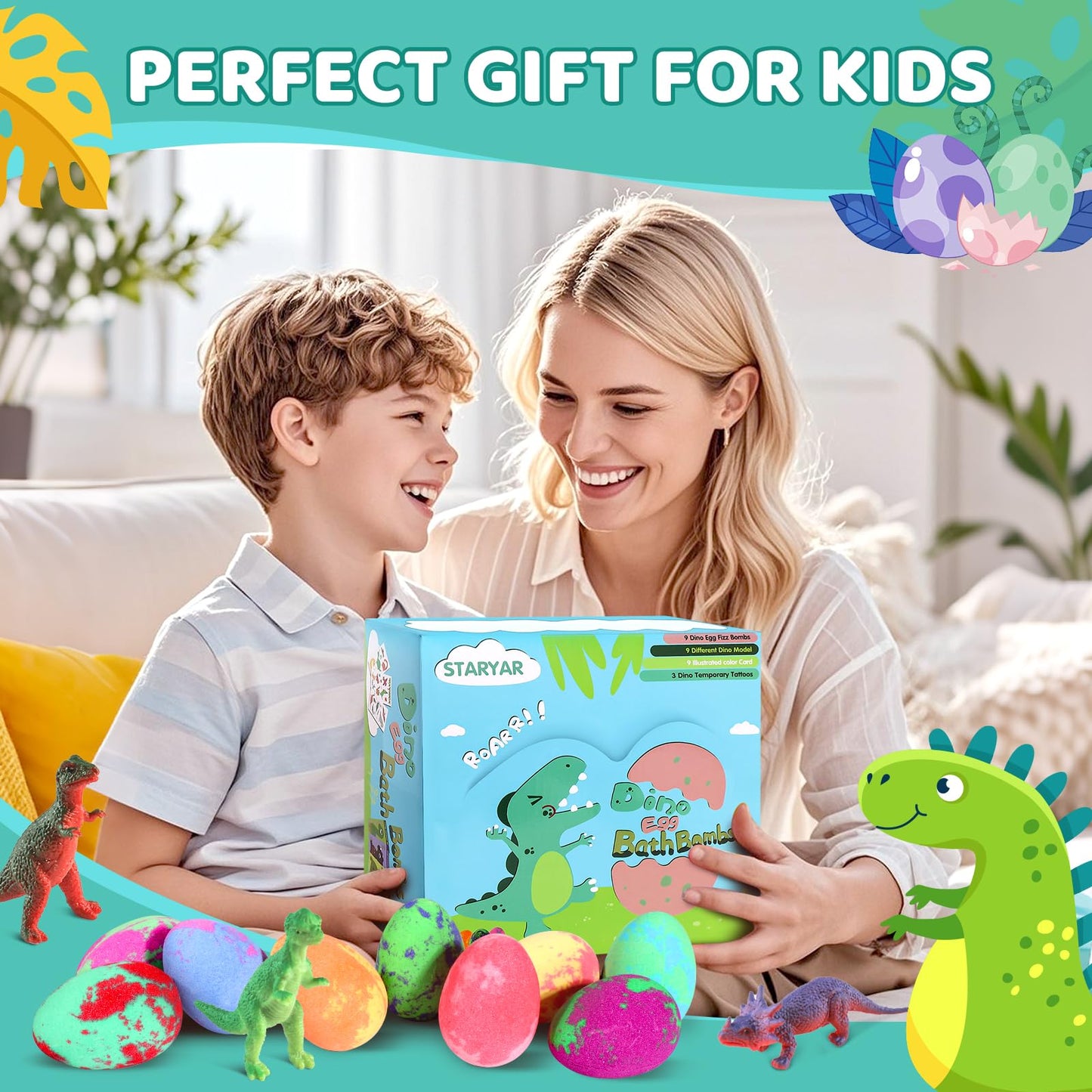 Bath Bombs for Kids with Surprise Toys Inside - 9 Pack Organic Dinosaur Bath Bombs Gift Set, Bubble Bath Fizzes, Dinosaur Toys for Kids 3 4 5 6 7 8 9 Years, Stocking Stuffers for Kids, Christmas Gifts