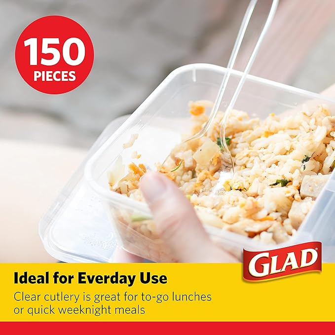 Glad Clear Disposable Cutlery Set with Heavy Duty Plastic Forks, Knives, and Spoons, Reusable Dishwasher Safe Plastic Utensils for Parties and Everyday Use, 150 Count