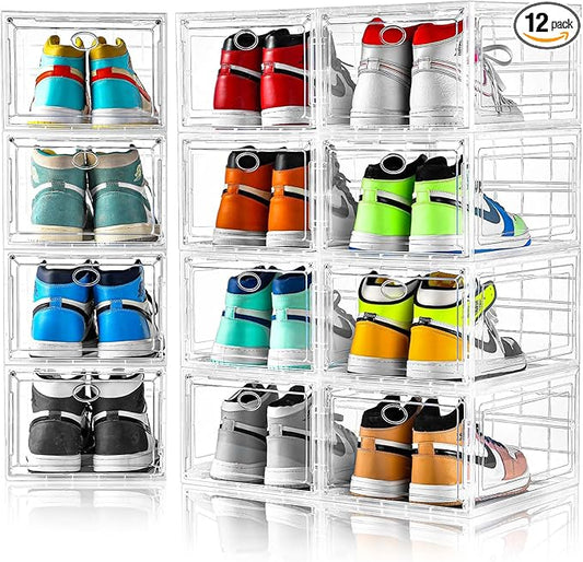12 Pack Clear Shoe Boxes Stackable,Shoe Storage Boxes for Closet,Sturdy Shoe Box Storage Containers with Clear Door,Sneaker Storage,Easy to Assemble,Fit up to US Size 12(13.8âx 9.84âx 7.1â)