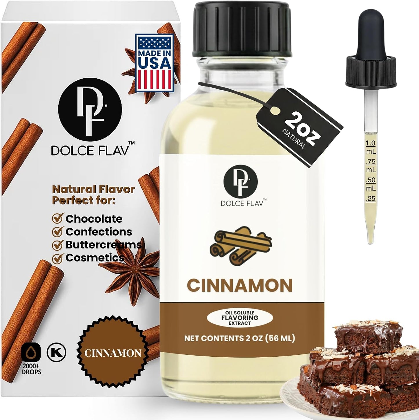 Dolce Flav Natural Cinnamon Extract – 2 Ounce Oil-Soluble Kosher, Sugar-Free, Concentrated Spice Flavor for Candy, Chocolates & Desserts, Includes Measured Dropper